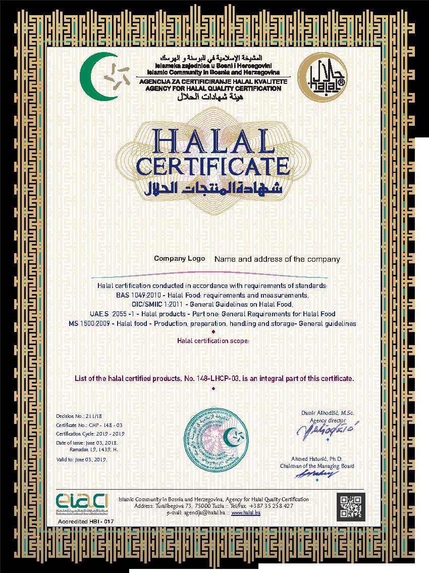 halal certificate sample.jpg - Prvi halal certifikati u BiH dodijeljeni prije 19 godina: Danas sistem obuhvata stotine proizvođača